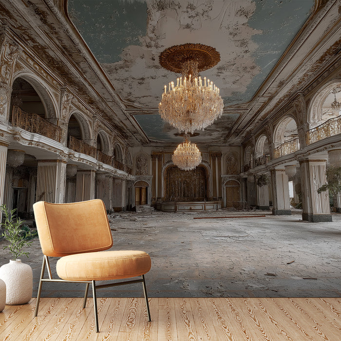Une grande salle de bal avec un papier peint aux teintes délavées, évoquant une ambiance nostalgique et majestueuse, accentuée par des lustres scintillants.