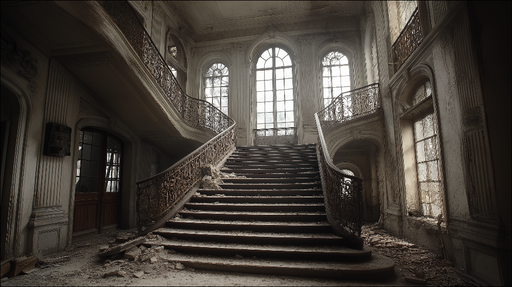Papier peint intérieur dégradé Escalier majestueux dans un décor ancien et en ruine