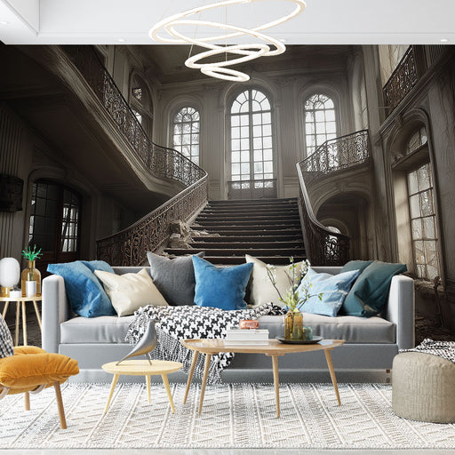 Une pièce de salon élégante avec un papier peint représentant un grand escalier majestueux, évoquant une atmosphère historique et raffinée.