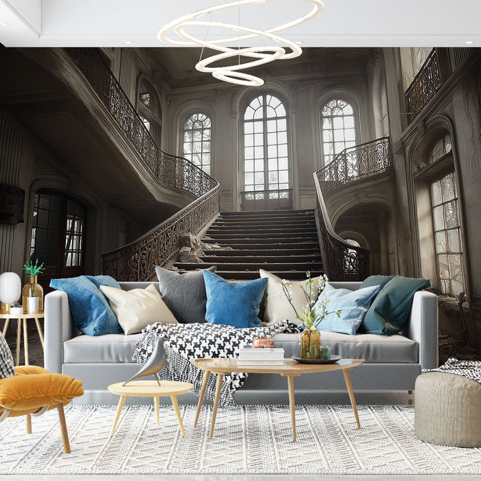 Une pièce de salon élégante avec un papier peint représentant un grand escalier majestueux, évoquant une atmosphère historique et raffinée.
