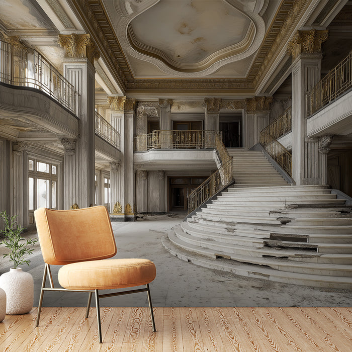Un salon spacieux avec un papier peint représentant un hall majestueux aux colonnes dorées et aux escaliers en marbre, évoquant une atmosphère élégante et nostalgique.