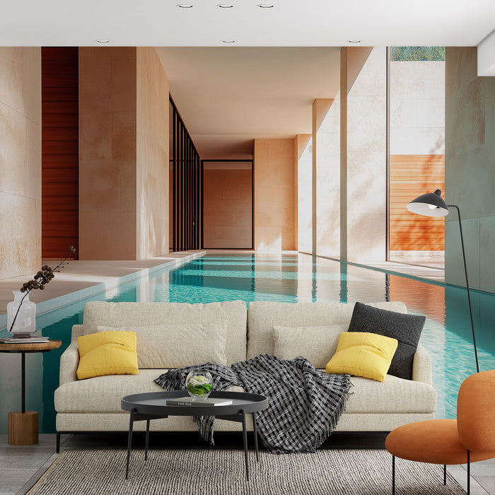 Un salon moderne avec un papier peint représentant une piscine intérieure, aux teintes douces et chaleureuses, créant une atmosphère apaisante et élégante.