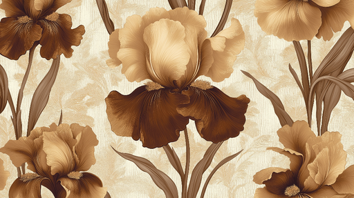 Papier peint élégant avec fleurs d'iris aux teintes chocolat et crème pour décoration murale sophistiquée.