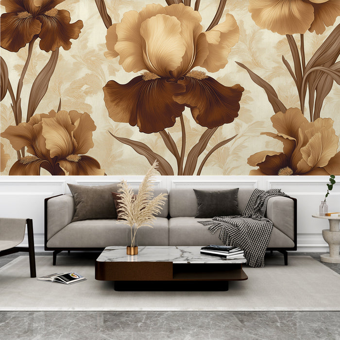 Une pièce moderne avec un papier peint floral aux teintes chaudes de beige et marron, créant une atmosphère élégante et accueillante.