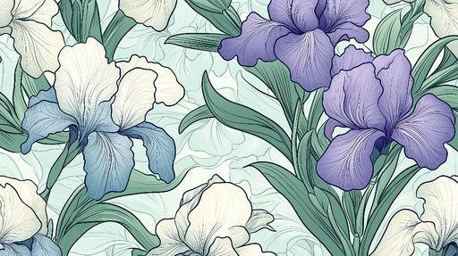 Papier peint floral élégant avec des fleurs d'iris violettes et blanches sur fond apaisant pour décoration murale sophistiquée.