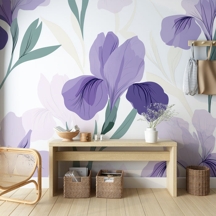 Papier peint iris | Motif floral délicat avec des iris violets en aquarelle