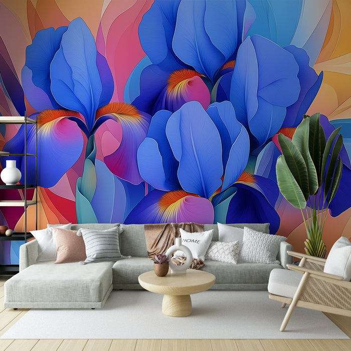 Un salon moderne avec un papier peint floral aux iris bleus vibrants sur fond dégradé, créant une ambiance artistique et dynamique.
