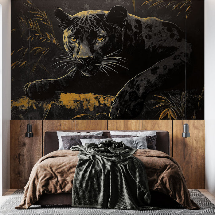Papier peint mural avec portrait majestueux de jaguar sur fond sombre pour chambre moderne.