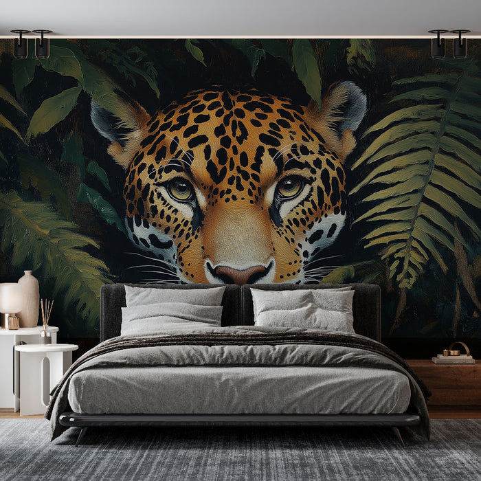 Papier peint jungle avec visage majestueux de jaguar pour chambre moderne