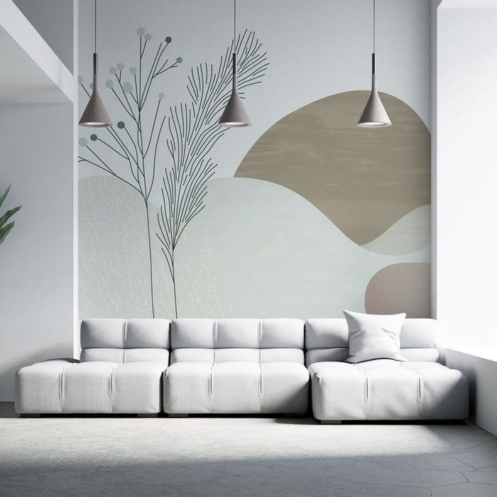 Un salon contemporain avec un papier peint abstrait aux formes organiques dans des teintes douces de beige et vert, créant une atmosphère apaisante et élégante.