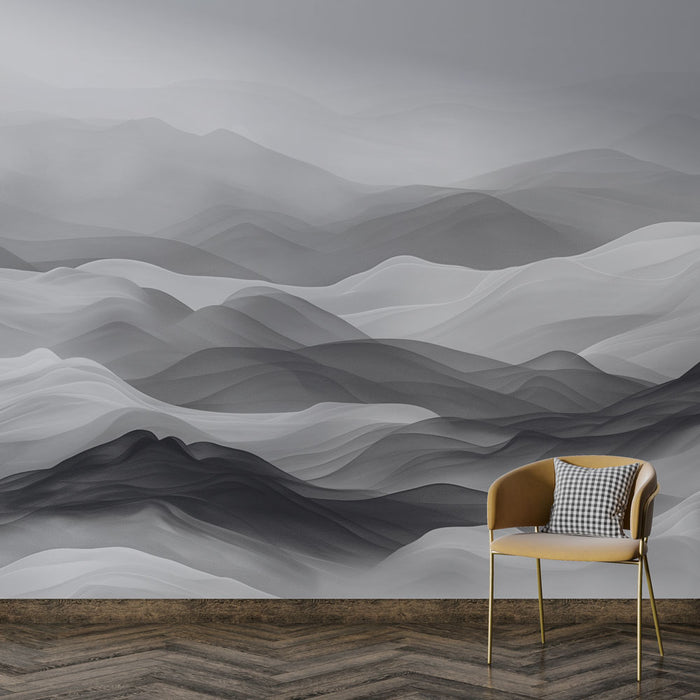 Une pièce moderne avec un papier peint abstrait en dégradés de gris représentant des vagues fluides, créant une atmosphère apaisante et élégante.