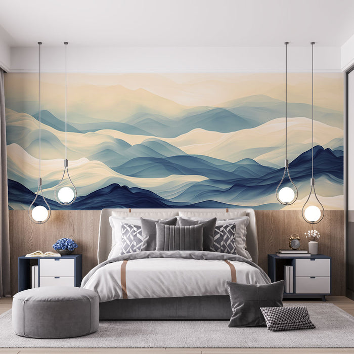 Une chambre moderne avec un papier peint abstrait représentant des vagues aux dégradés de bleu et beige, créant une atmosphère apaisante et élégante.
