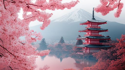 Papier peint japonais Pagode traditionnelle entourée de cerisiers en fleurs