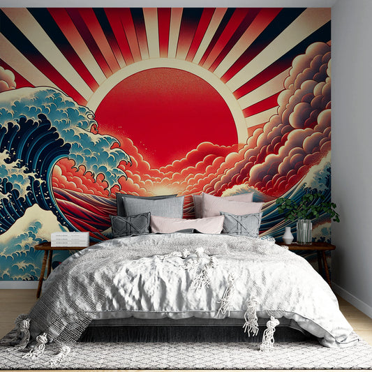 Papier peint vague japonaise | Avec soleil rouge animé