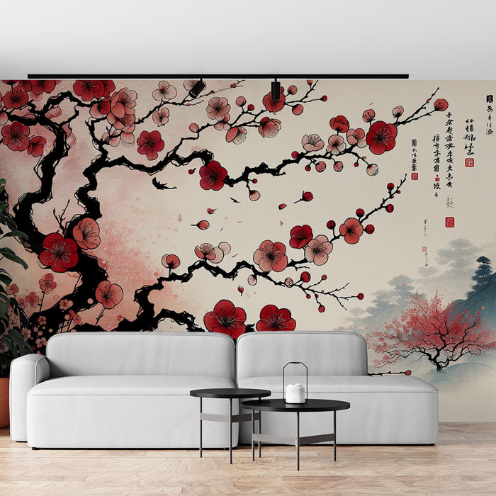 Papier peint cerisier japonais | Rouge avec écriture japonaise