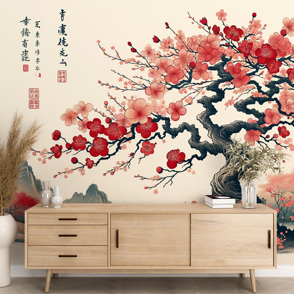 Papier peint cerisier japonais | Avec design montagneux