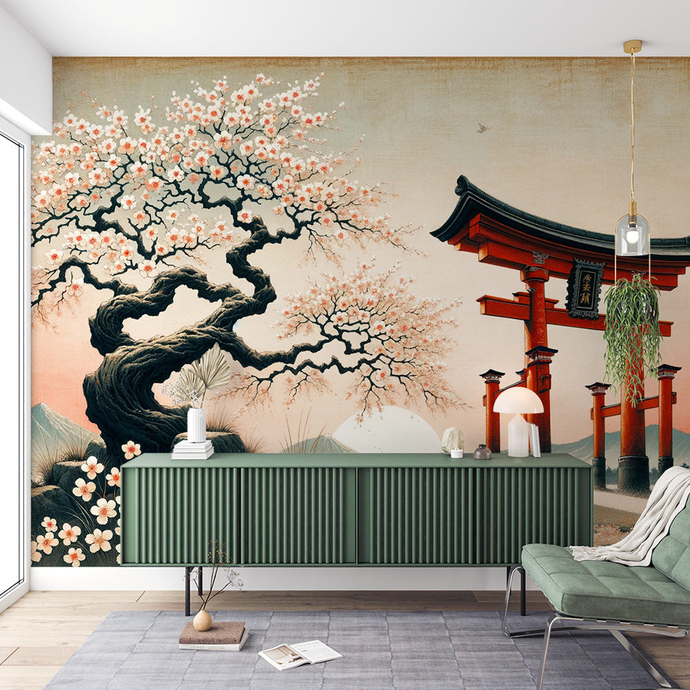 Papier peint cerisier japonais | Fleurs blanches avec Arche japonaise