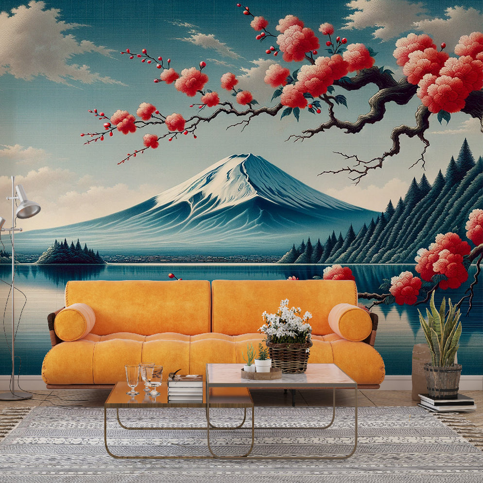 Papier peint japonais | Mont fuji et cerisier japonais rouge ...