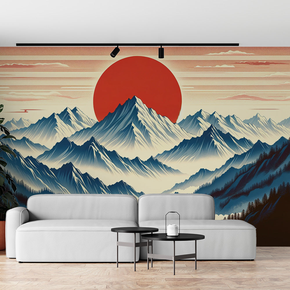 Papier peint japonais | Avec montagne et soleil rouge