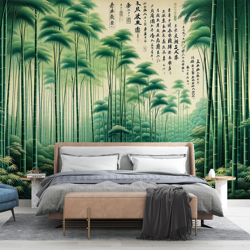 Papier peint japonais | Forêt de bambou et écriture japonaise