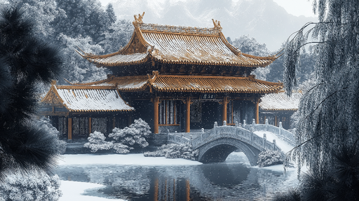 Papier peint jardin asiatique Pavillon traditionnel sous la neige