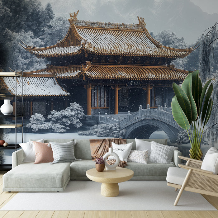 Papier peint jardin asiatique | Pavillon traditionnel sous la neige