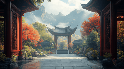 Papier peint jardin asiatique Paysage enchanteur avec touche florale