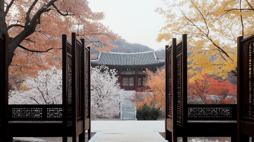Papier peint jardin d'automne Vue panoramique sur un jardin traditionnel avec des feuillages colorés