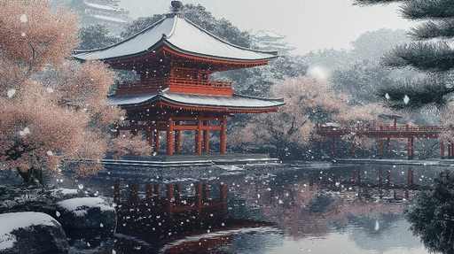 Papier peint jardin d'hiver Pavillon rouge et cerisiers sous la neige