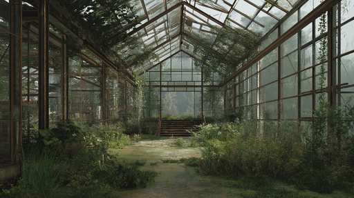 Papier peint jardin d'hiver Serre abandonnée avec végétation luxuriante