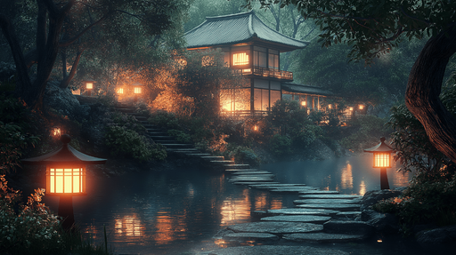 Papier peint jardin japonais Ambiance paisible avec lanternes et maison traditionnelle