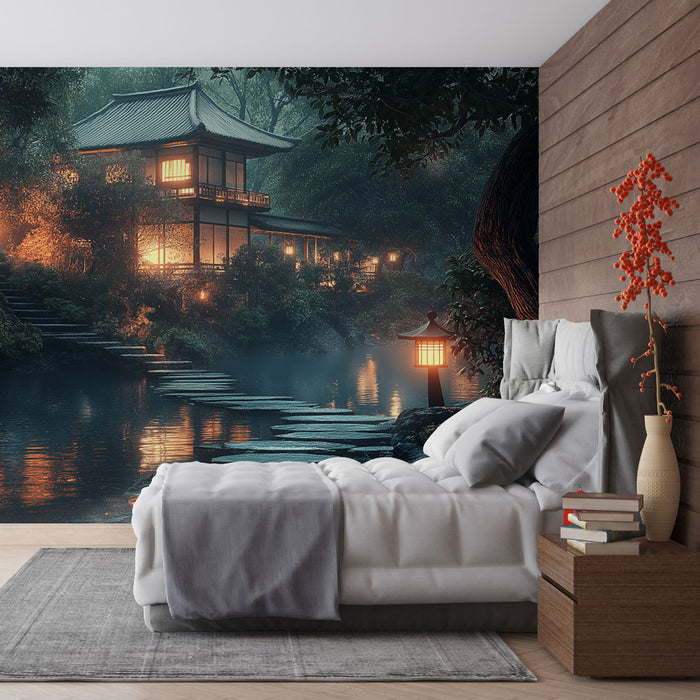 Papier peint jardin japonais | Ambiance paisible avec lanternes et maison traditionnelle