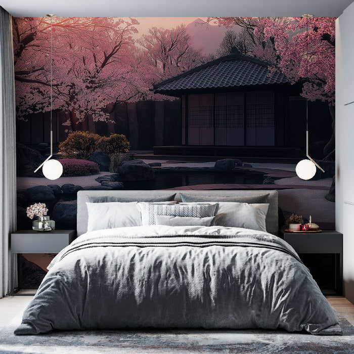 Une chambre apaisante avec un papier peint représentant un jardin japonais en fleurs, aux teintes douces de rose et de noir, créant une atmosphère zen et sereine.