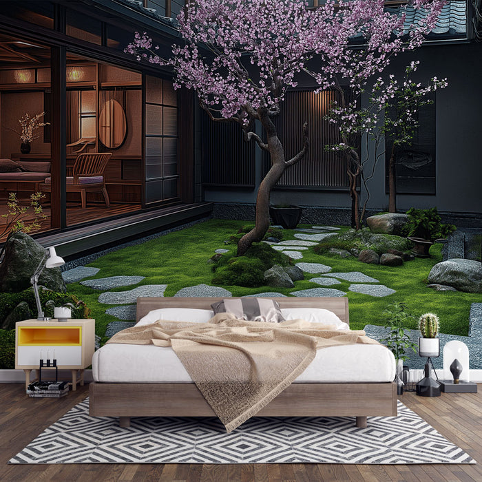 Une chambre moderne avec un papier peint représentant un jardin japonais, mettant en valeur un cerisier en fleurs et des pierres, créant une atmosphère zen et apaisante.