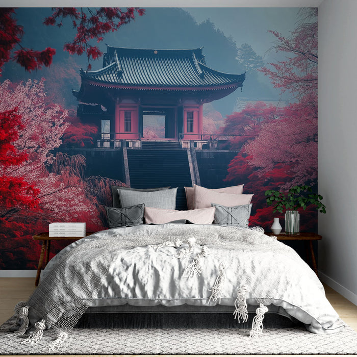 Une chambre apaisante avec un papier peint représentant un temple asiatique entouré d'arbres aux feuillages rouges, créant une atmosphère sereine et contemplative.