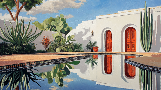 Papier peint jardin méditerranéen Scène de jardin lumineux avec plantes succulentes et portes rouges