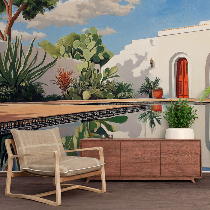 Une pièce lumineuse avec un papier peint mural représentant un paysage méditerranéen coloré, évoquant une ambiance relaxante et estivale.