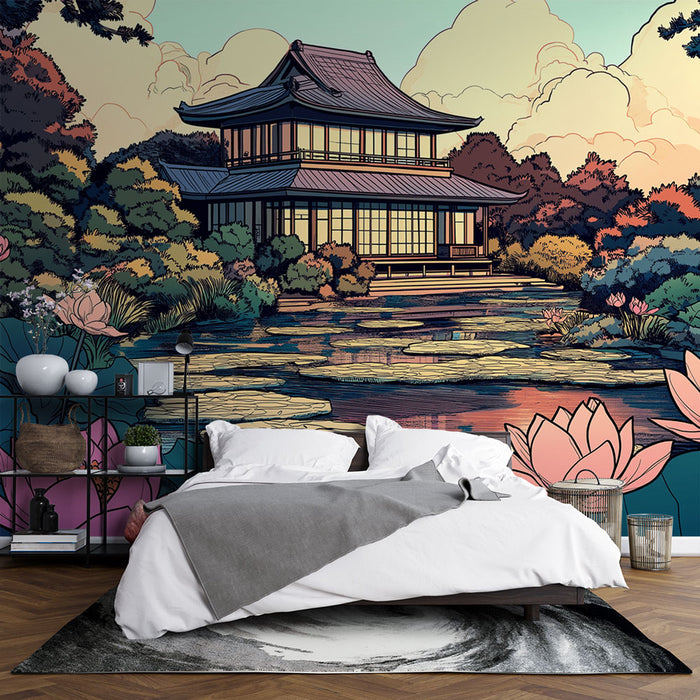 Une chambre élégante avec un papier peint illustrant un paysage asiatique, mettant en scène un pavillon au bord d'un étang, entouré de fleurs de lotus et de verdure apaisante.