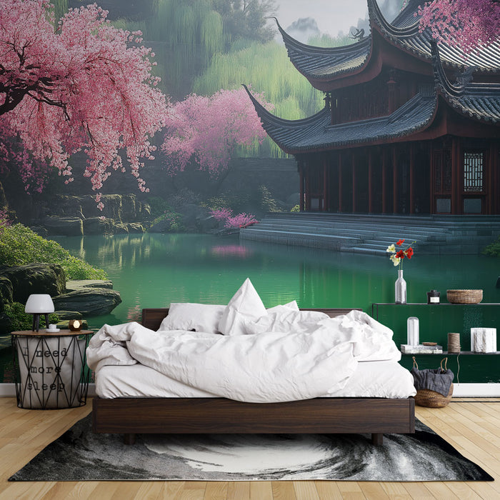 Une chambre apaisante avec un papier peint représentant un paysage asiatique serein, où des cerisiers en fleurs entourent un étang vert émeraude et un pavillon traditionnel.