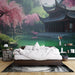 Une chambre apaisante avec un papier peint représentant un paysage asiatique serein, où des cerisiers en fleurs entourent un étang vert émeraude et un pavillon traditionnel.