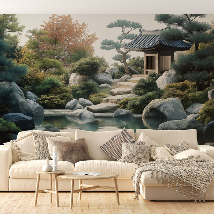 Un salon élégant avec un papier peint représentant un paysage asiatique apaisant, où se mêlent arbres, rochers et un pavillon, créant une atmosphère sereine et naturelle.