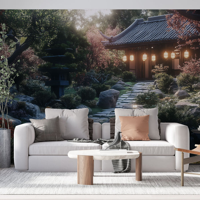 Un salon moderne avec un papier peint représentant un jardin japonais apaisant, orné de cerisiers en fleurs et d'une maison traditionnelle illuminée.