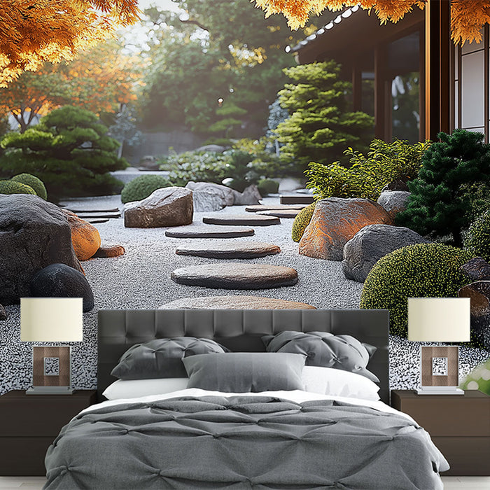 Une chambre moderne avec un papier peint représentant un jardin zen apaisant, mêlant pierres, gravier et végétation luxuriante dans des teintes naturelles.