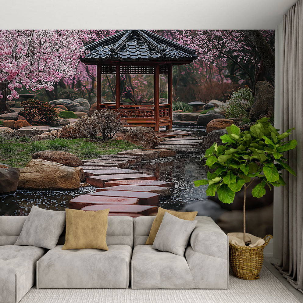 Papier peint jardin zen | Un paisible jardin avec des cerisiers en fle ...