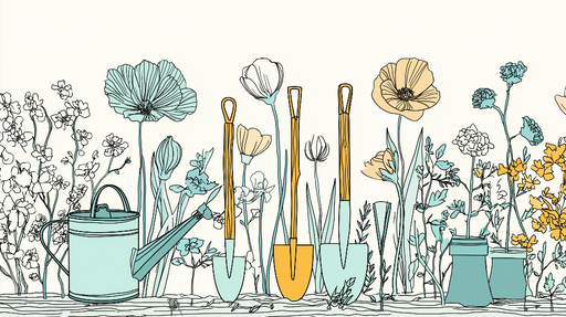 Papier peint jardinage Outils de jardin entourés de fleurs délicates