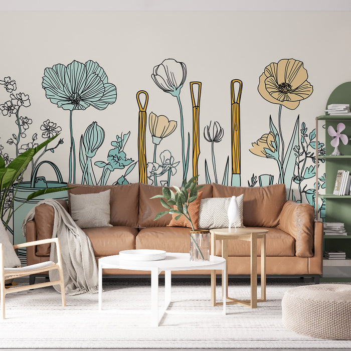 Un salon chaleureux avec un papier peint floral aux contours graphiques, mêlant des fleurs pastel et des outils de jardin, créant une ambiance printanière et apaisante.