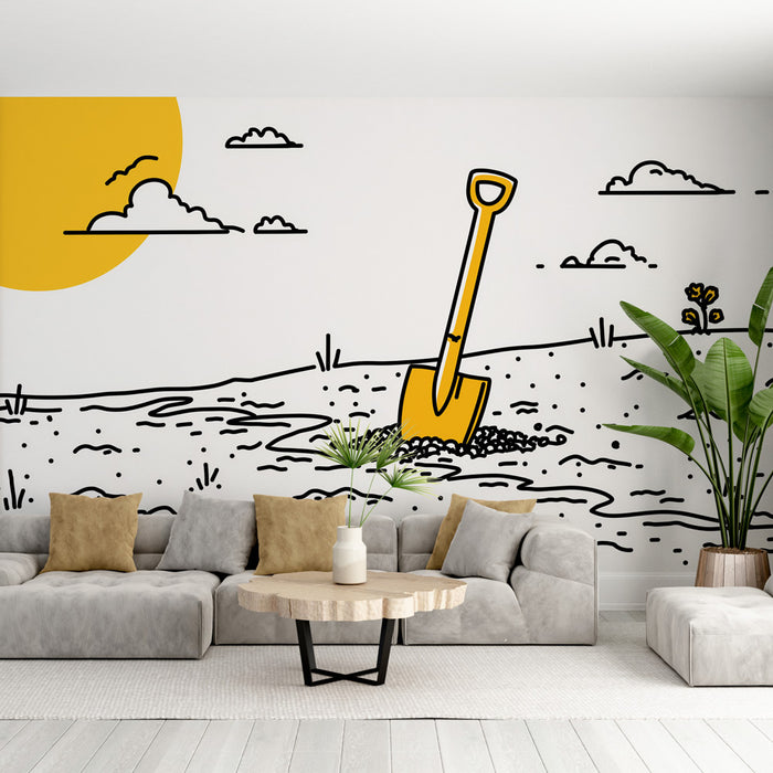 Un salon moderne avec un papier peint illustratif représentant une pelle jaune sur un fond blanc, évoquant une ambiance ludique et créative.
