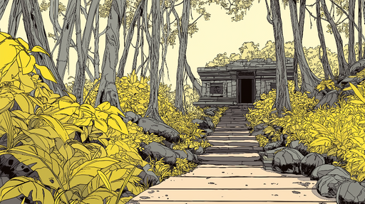 Papier peint jungle ancienne Sentier vers un temple entouré de végétation dorée