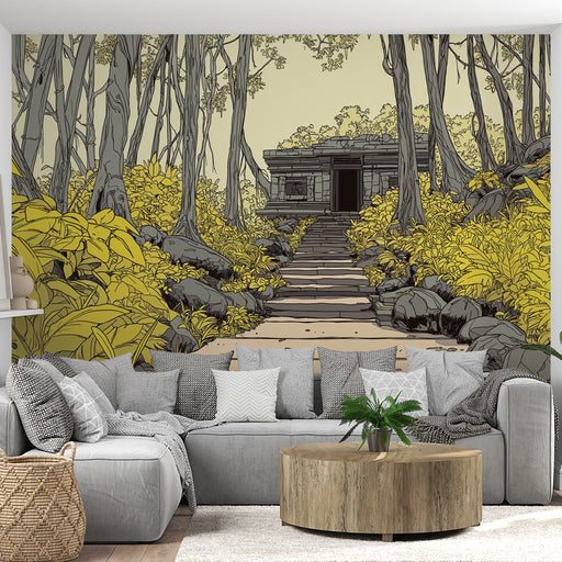 Un salon moderne avec un papier peint illustratif représentant un chemin bordé de végétation dorée menant à un temple ancien, créant une ambiance mystérieuse et apaisante.