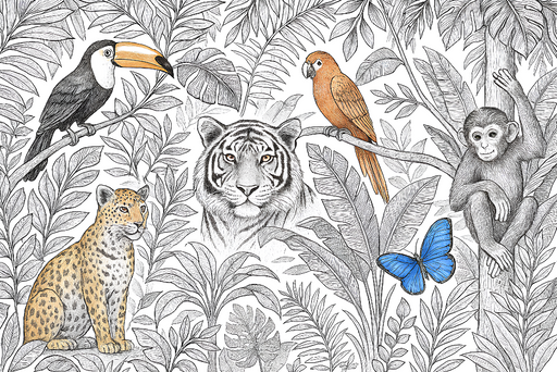 Papier peint jungle animalier Motifs d'animaux exotiques et de feuilles luxuriantes